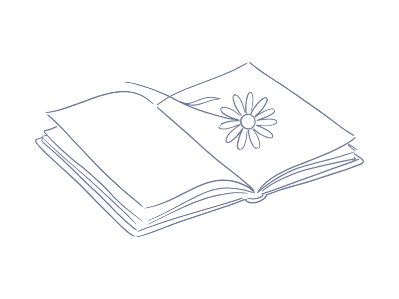 An open notebook with a daisy, drawn in one line, over a soft sky